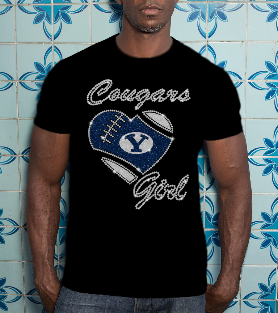 Byu Cougars Girl Football Heart Crystal T-Shirt