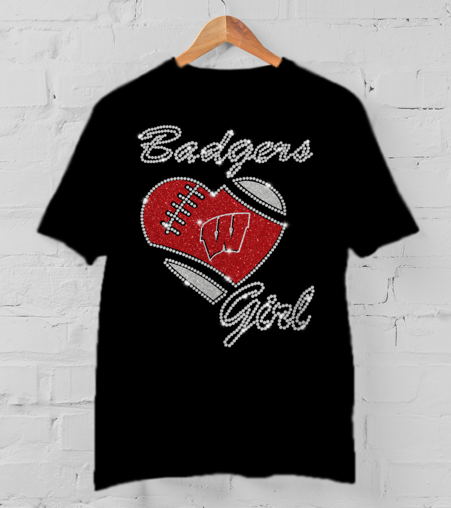 Badgers Girl Wisconsin Football Heart Rhinestone T-Shirt