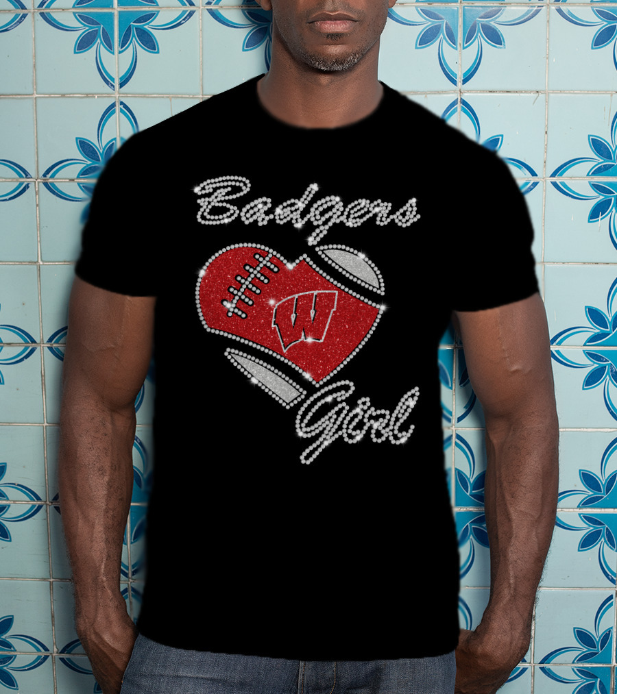 Badgers Girl Wisconsin Football Heart Rhinestone T-Shirt