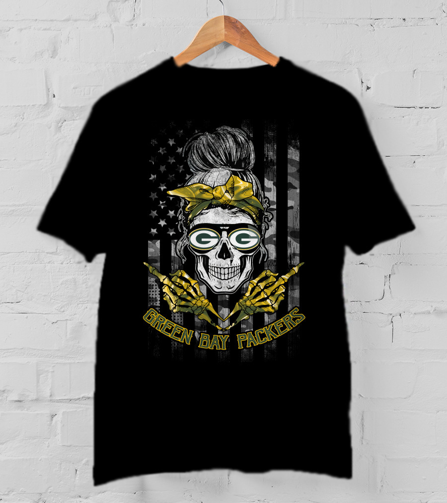 Green Bay Packers Skull Girl American Flag Yellow Bandana T-Shirt