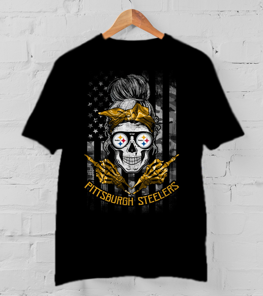 Pittsburgh Steelers Skull Girl Skeleton Bandana Football Fan American Flag T-Shirt