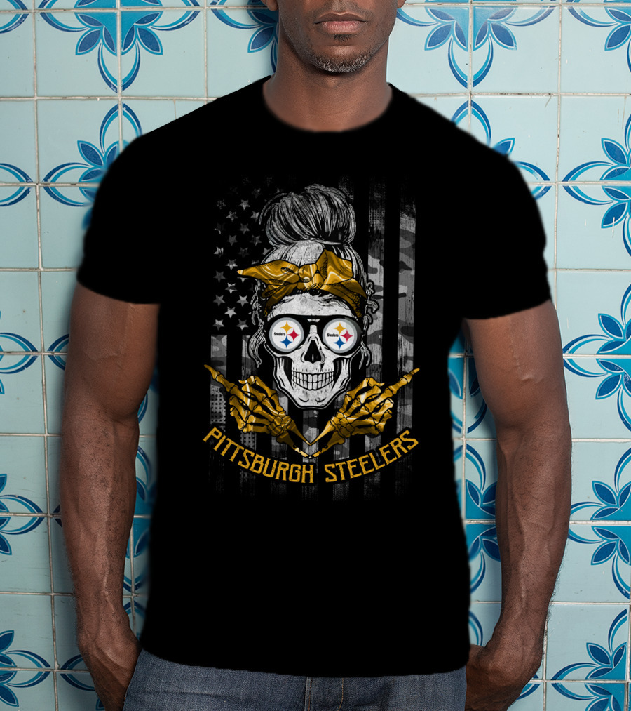 Pittsburgh Steelers Skull Girl Skeleton Bandana Football Fan American Flag T-Shirt