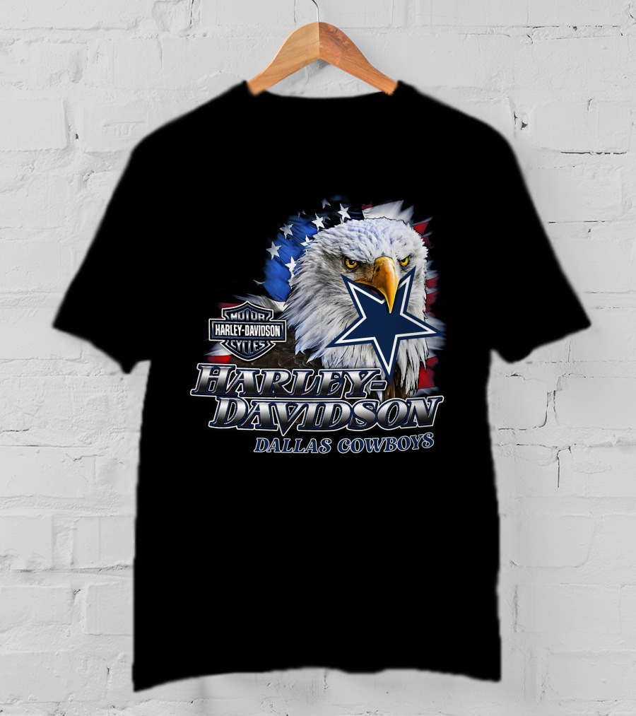 Harley Davidson Dallas Cowboys Motor Cycles Eagle Flag Star T-Shirt