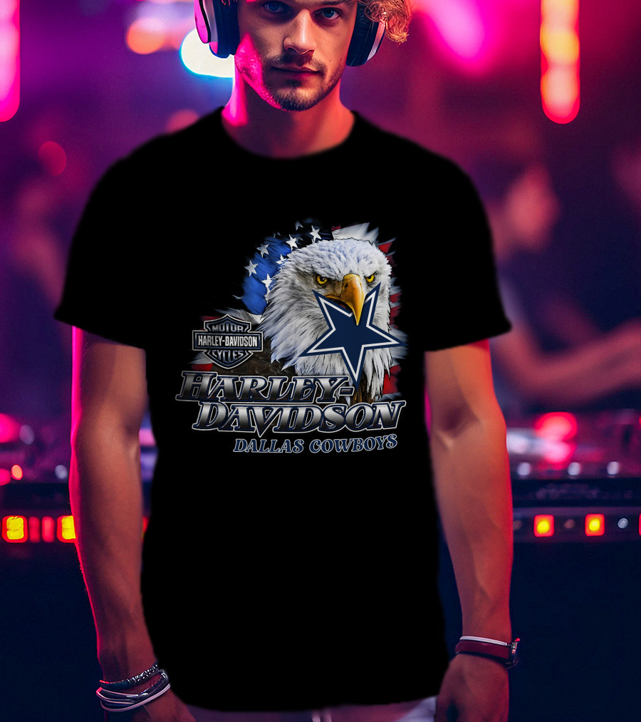 Harley Davidson Dallas Cowboys Motor Cycles Eagle Flag Star T-Shirt