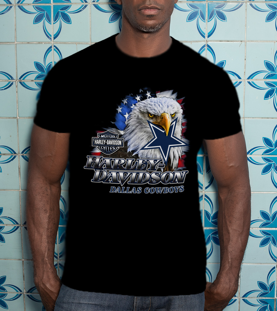Harley Davidson Dallas Cowboys Motor Cycles Eagle Flag Star T-Shirt