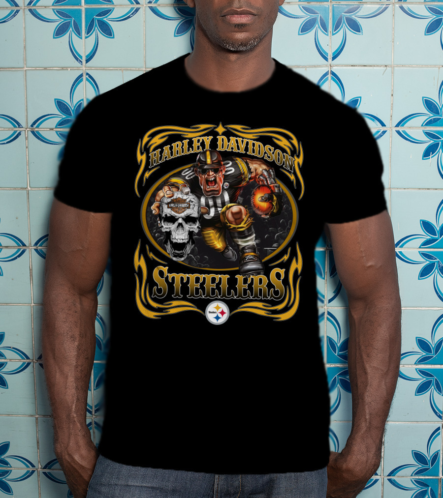 Harley Davidson Steelers Football Skull And Fireball Fantasy T-Shirt