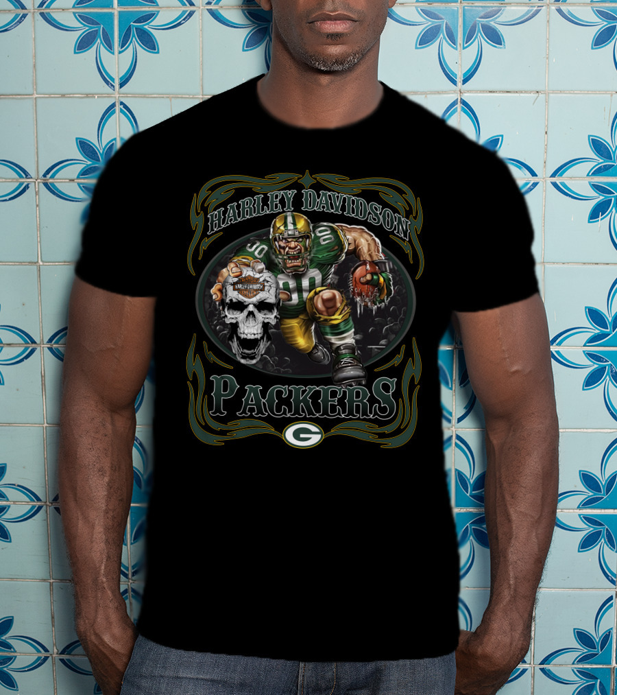Harley Davidson Green Bay Packers Football Skull T-Shirt