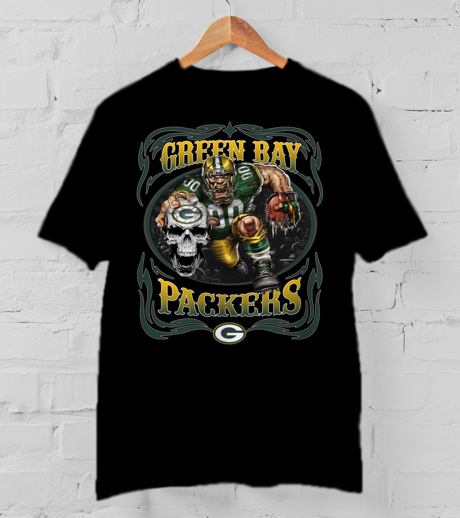Green Bay Packers Fierce Football Warrior With Skull And Helmet T-Shirt