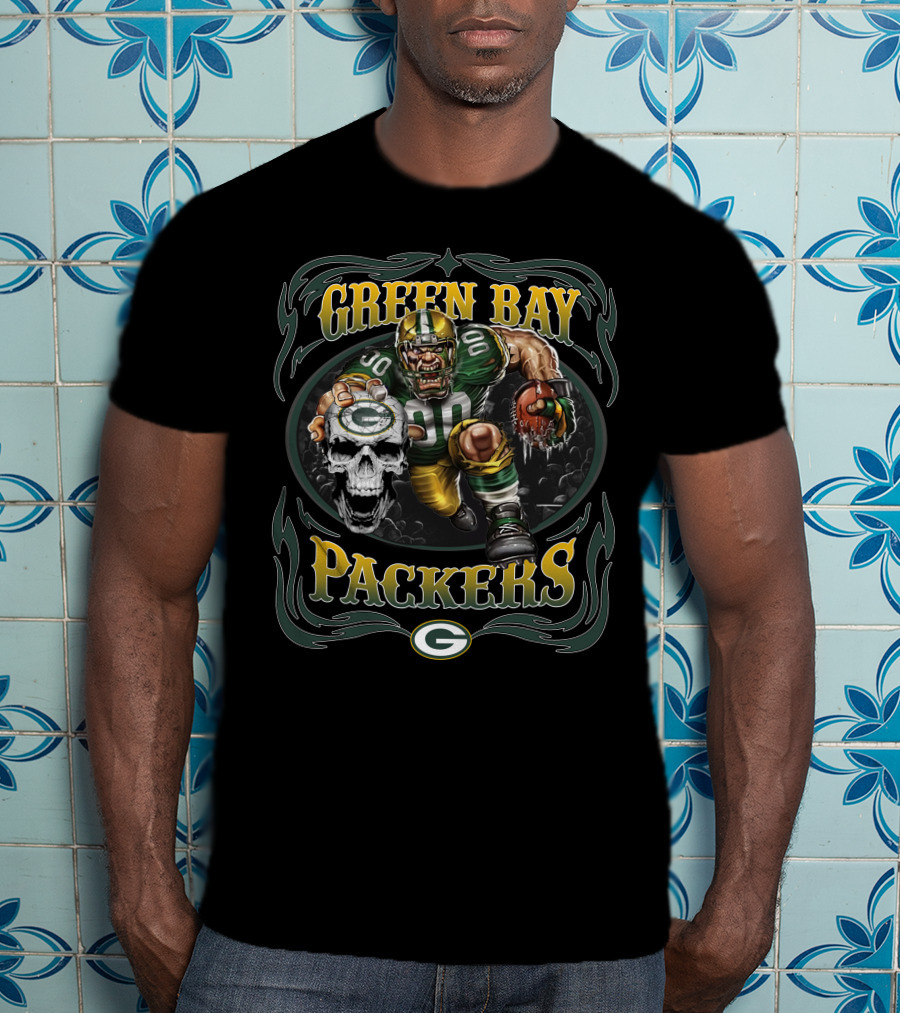 Green Bay Packers Fierce Football Warrior With Skull And Helmet T-Shirt