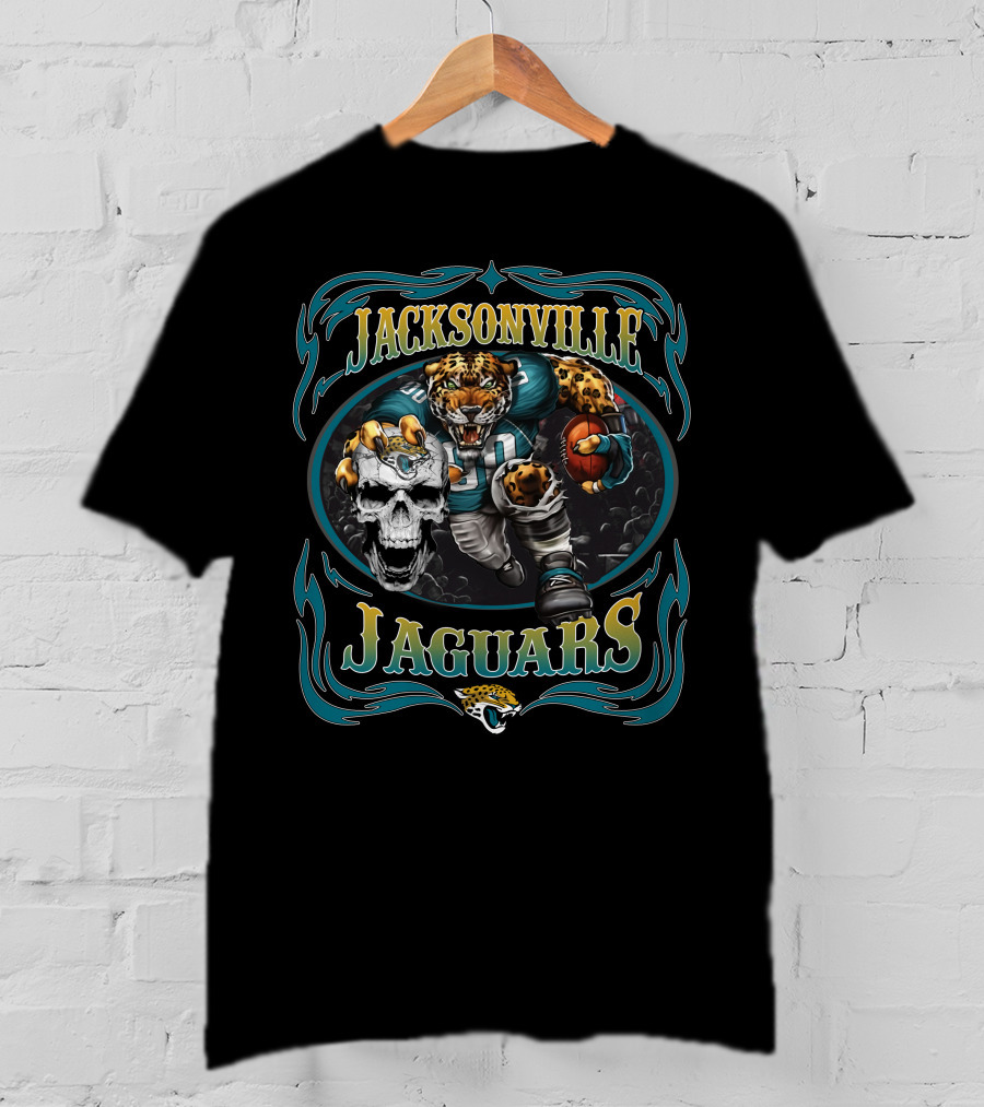 Jacksonville Jaguars Fierce Mascot And Skull Art With Teal Flames T-Shirt