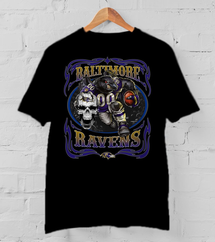 Baltimore Ravens Fierce Skull And Raven Player With Football T-Shirt