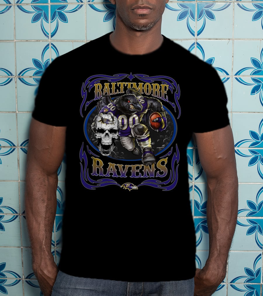 Baltimore Ravens Fierce Skull And Raven Player With Football T-Shirt
