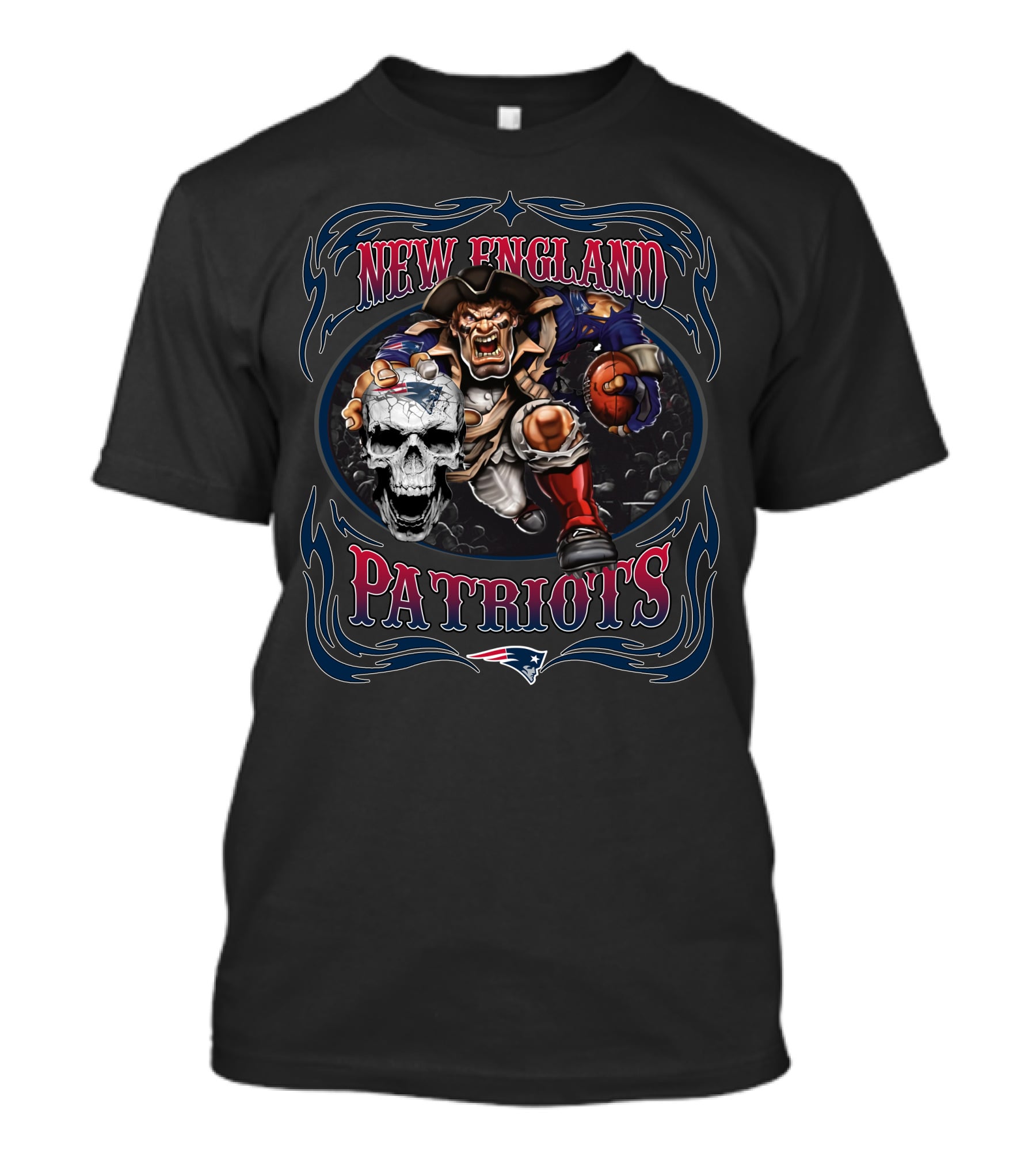 New England Patriots Skull Mascot Holding Football In Blue And Red Frame T-Shirt