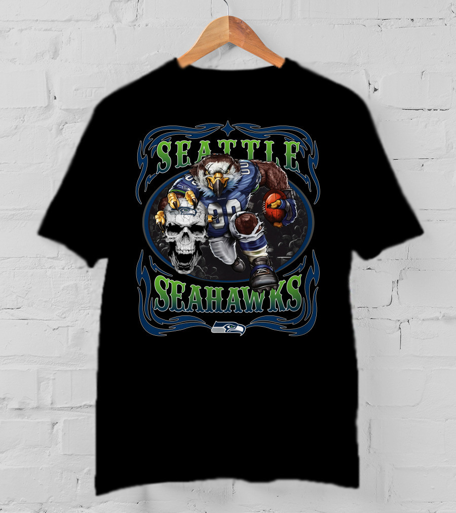 Seattle Seahawks Football Eagle Gridiron Skull On Black T-Shirt