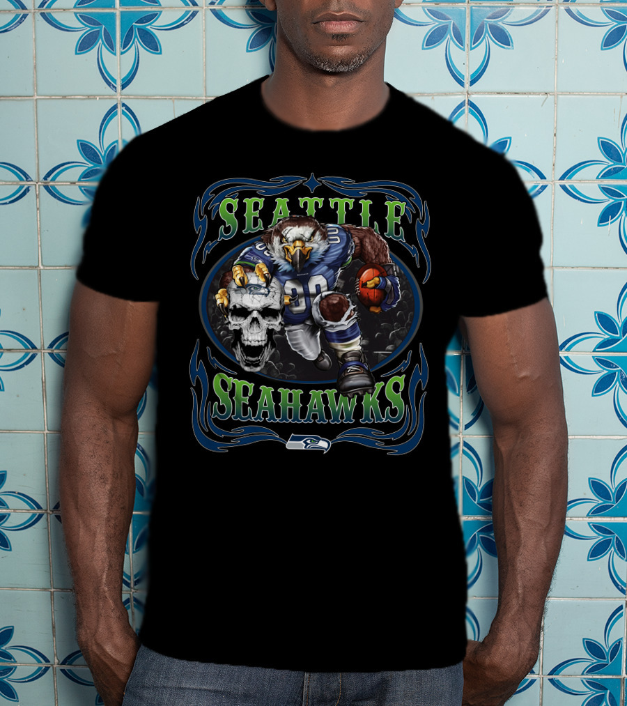 Seattle Seahawks Football Eagle Gridiron Skull On Black T-Shirt