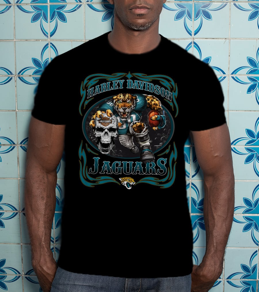 Harley Davidson Jaguars Football Player And Skull T-Shirt