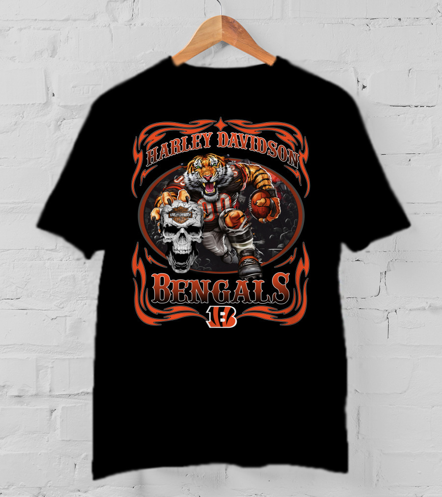 Harley Davidson Bengals 90 Football Tiger And Skull T-Shirt