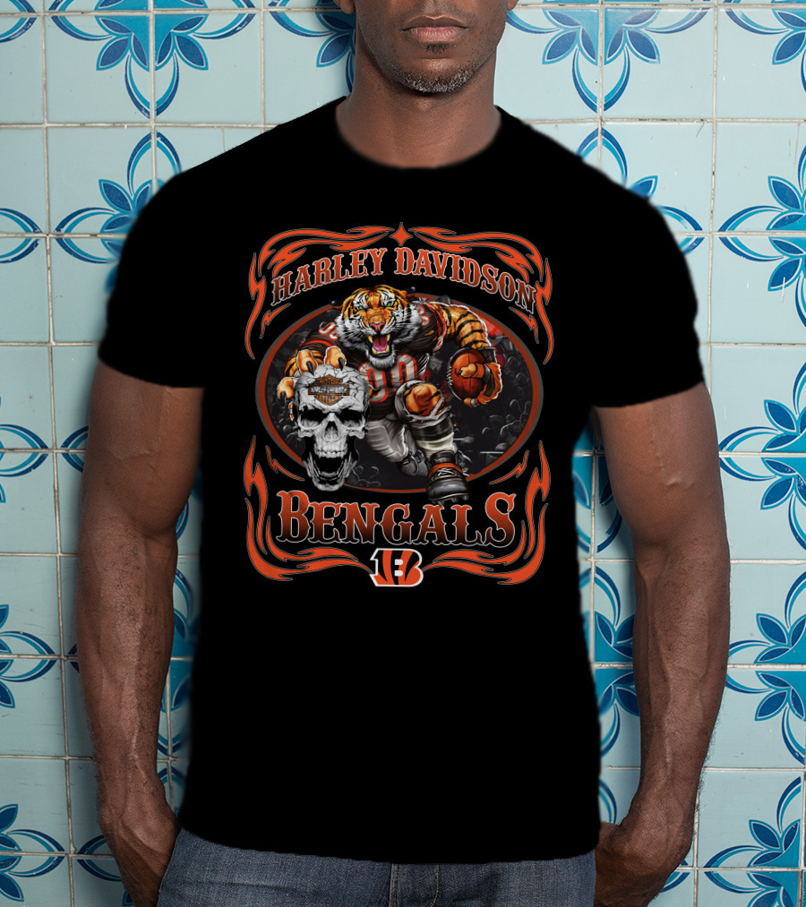 Harley Davidson Bengals 90 Football Tiger And Skull T-Shirt