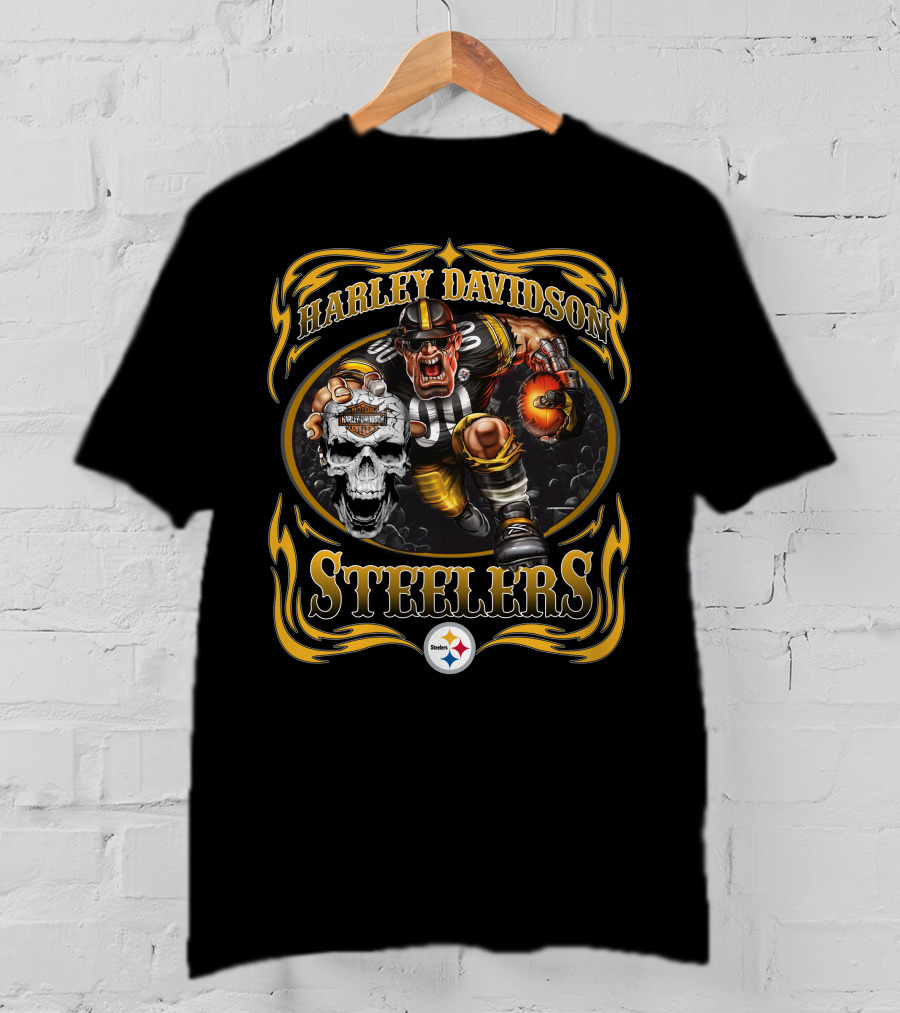 Harley Davidson Pittsburgh Steelers Football Skull Flame T-Shirt
