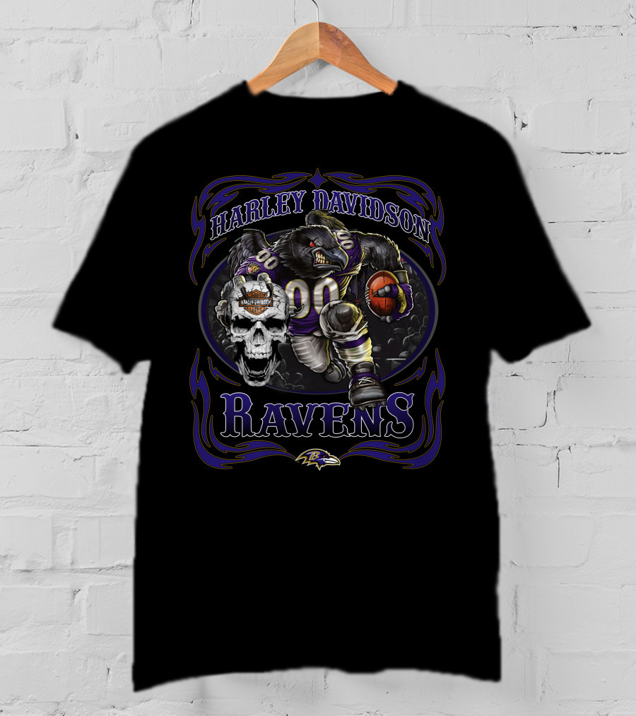 Harley Davidson Baltimore Ravens 90 Skull Logo Bear Football T-Shirt