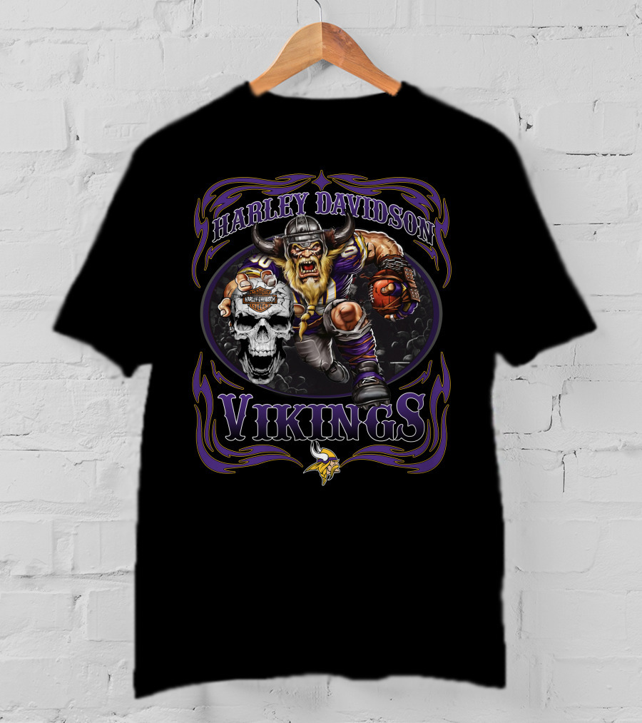 Harley Davidson Vikings Minnesota Football Skull T-Shirt