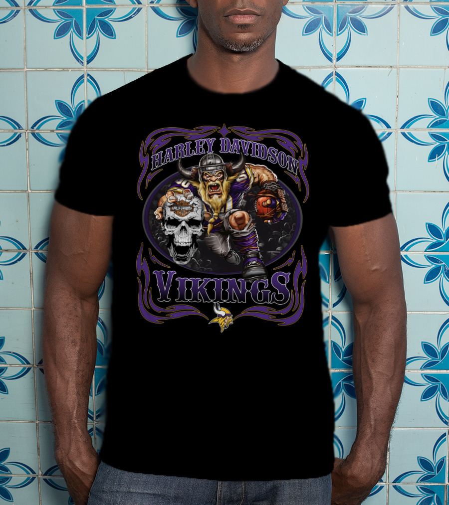 Harley Davidson Vikings Minnesota Football Skull T-Shirt