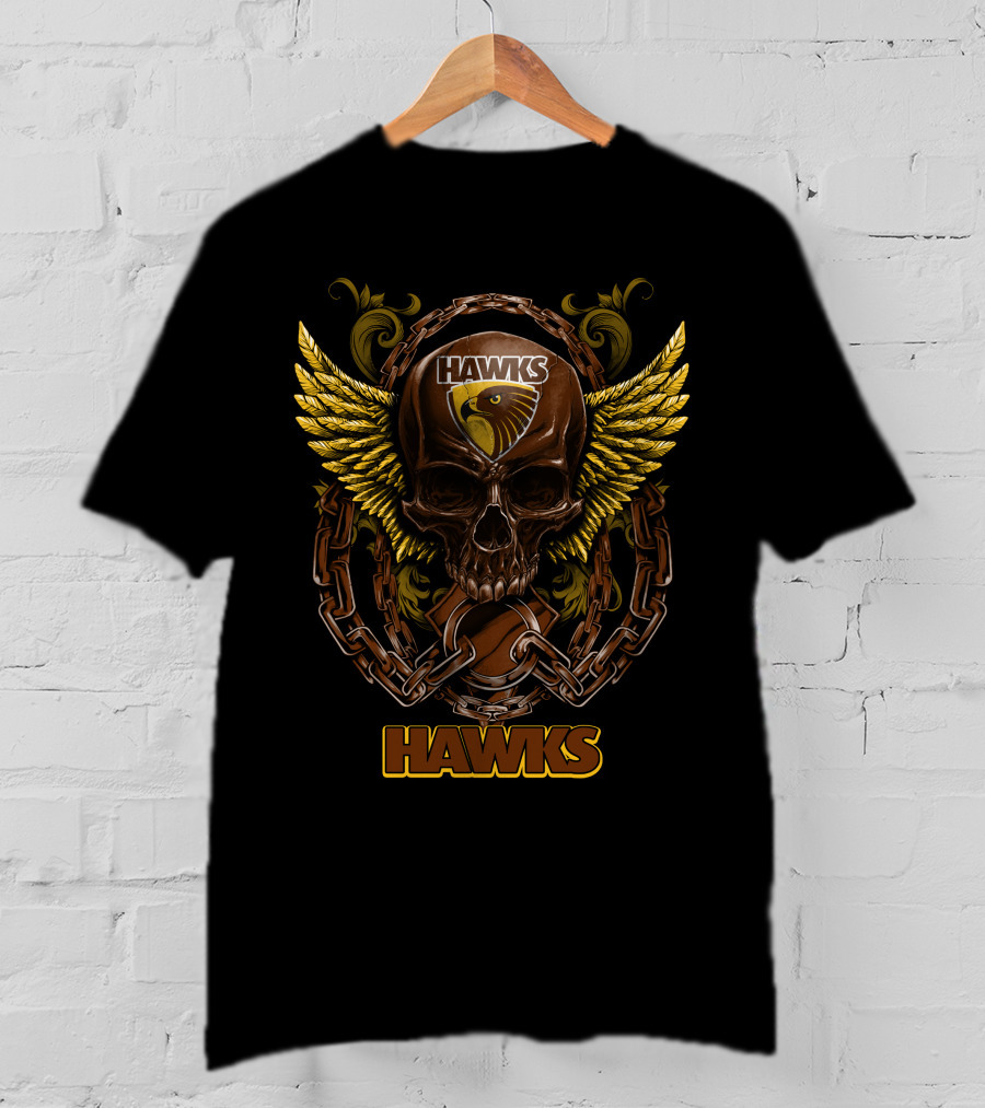 Hawthorn Hawks Skull With Wings And Chains T-Shirt