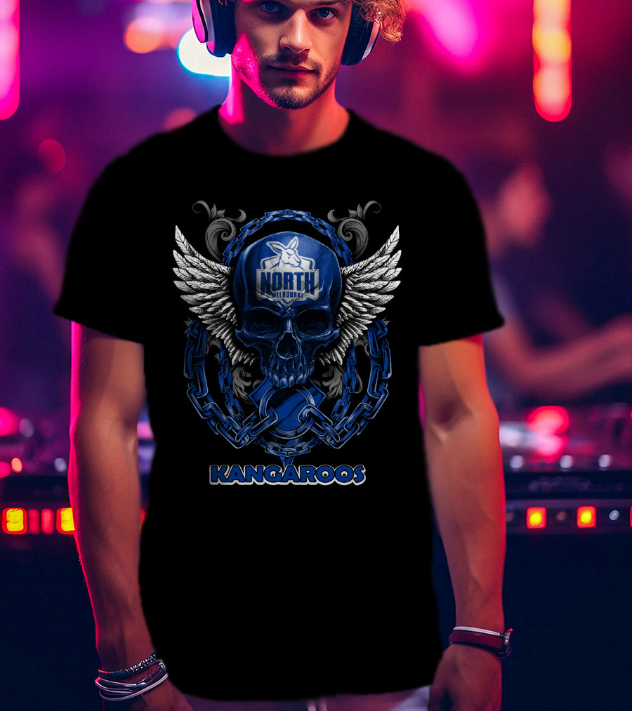 North Melbourne Kangaroos Skull With Wings And Chains T-Shirt