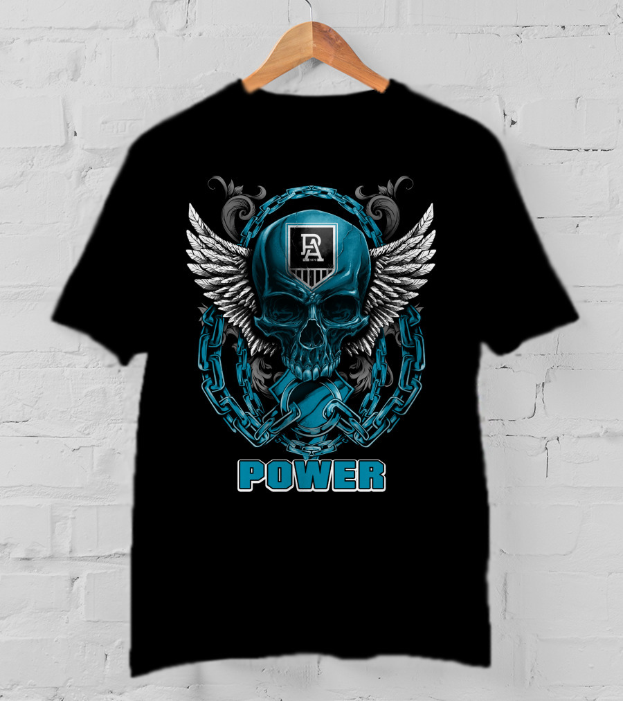 Port Adelaide Power Skull With Chains And Wings T-Shirt