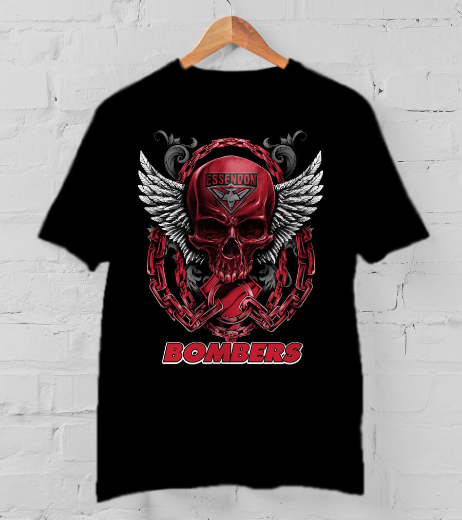 Essendon Bombers Skull With Wings And Chains T-Shirt