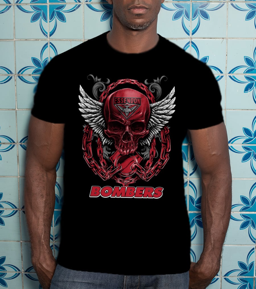 Essendon Bombers Skull With Wings And Chains T-Shirt