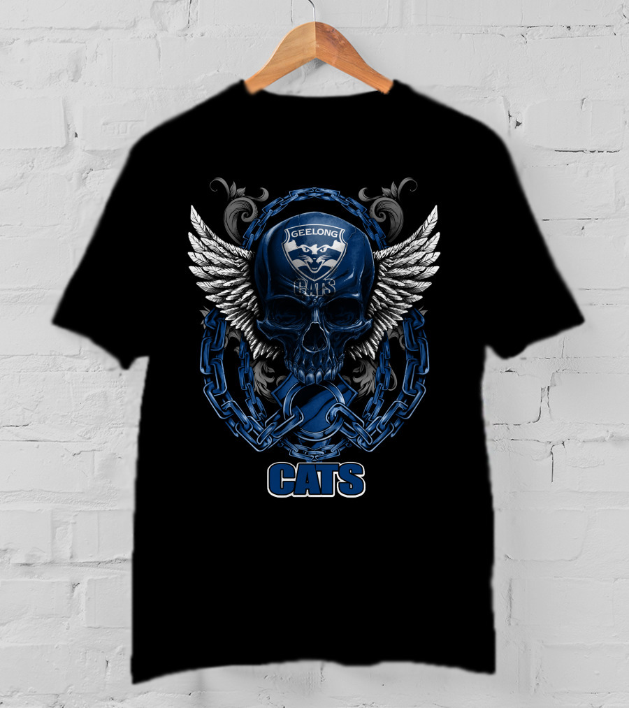 Geelong Cats Skull With Chains And Wings T-Shirt