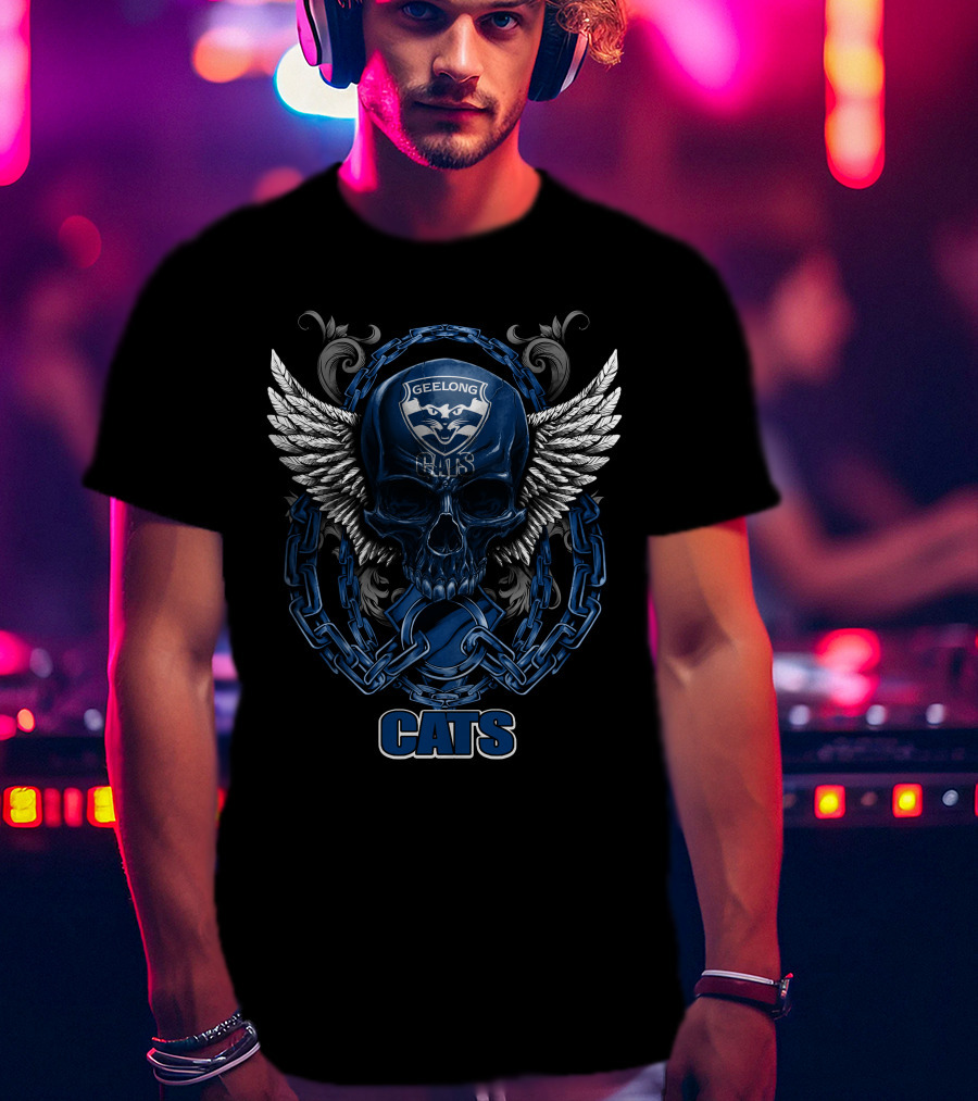 Geelong Cats Skull With Chains And Wings T-Shirt