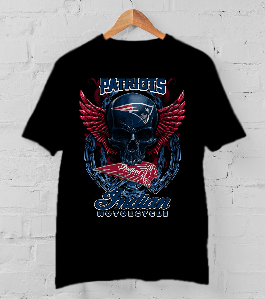 Patriots Skull With Indian Motorcycle Wings And Chains T-Shirt