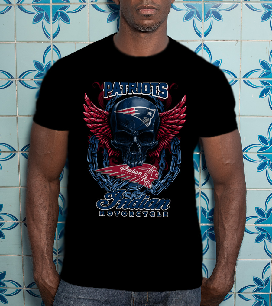 Patriots Skull With Indian Motorcycle Wings And Chains T-Shirt