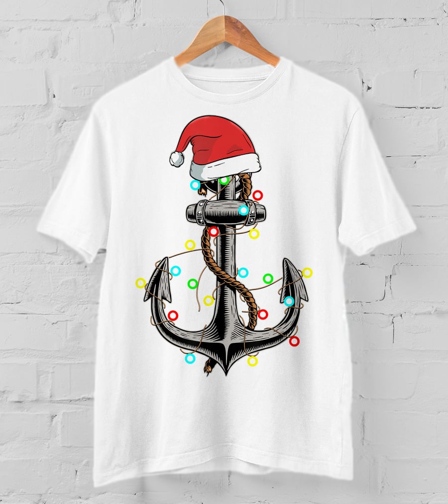 Christmas Lights Santa Hat Anchor Boating Sailing Funny Boat T-Shirt