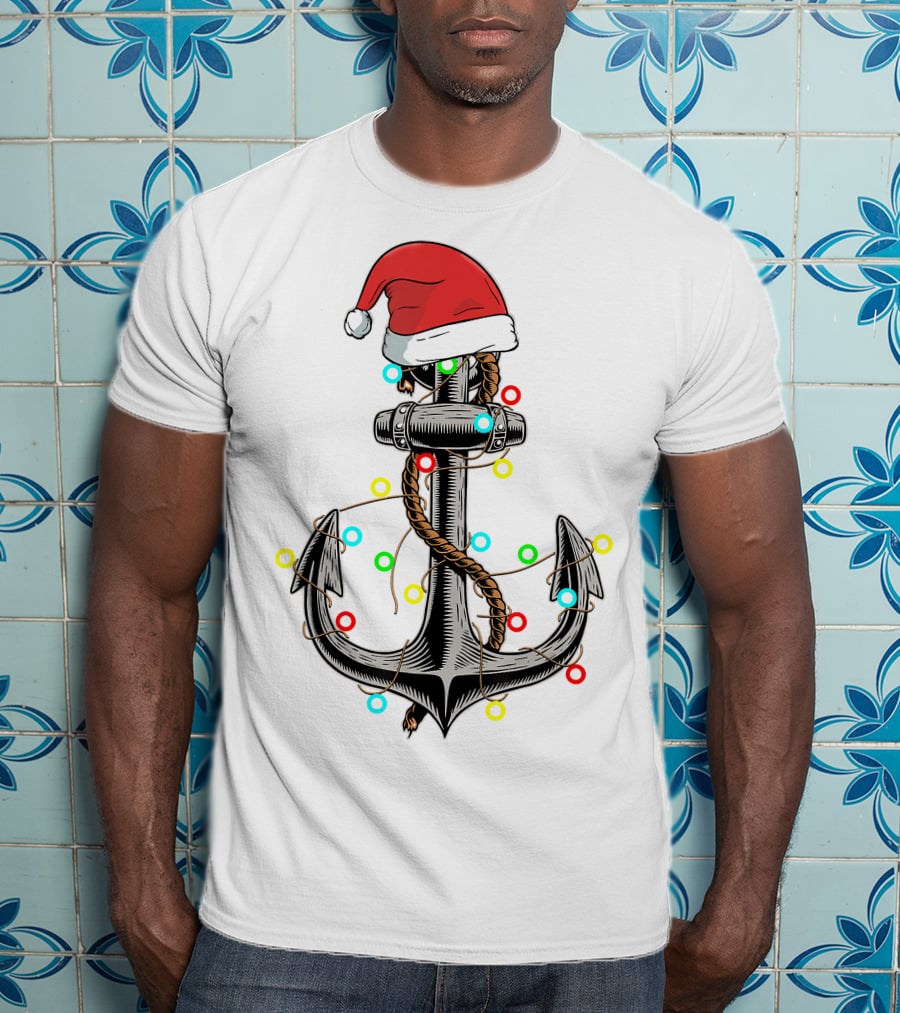 Christmas Lights Santa Hat Anchor Boating Sailing Funny Boat T-Shirt