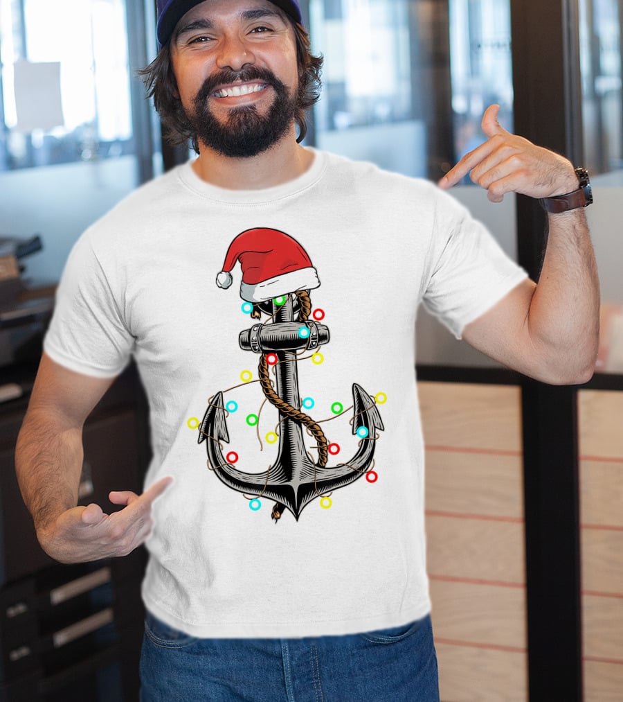 Christmas Lights Santa Hat Anchor Boating Sailing Funny Boat T-Shirt