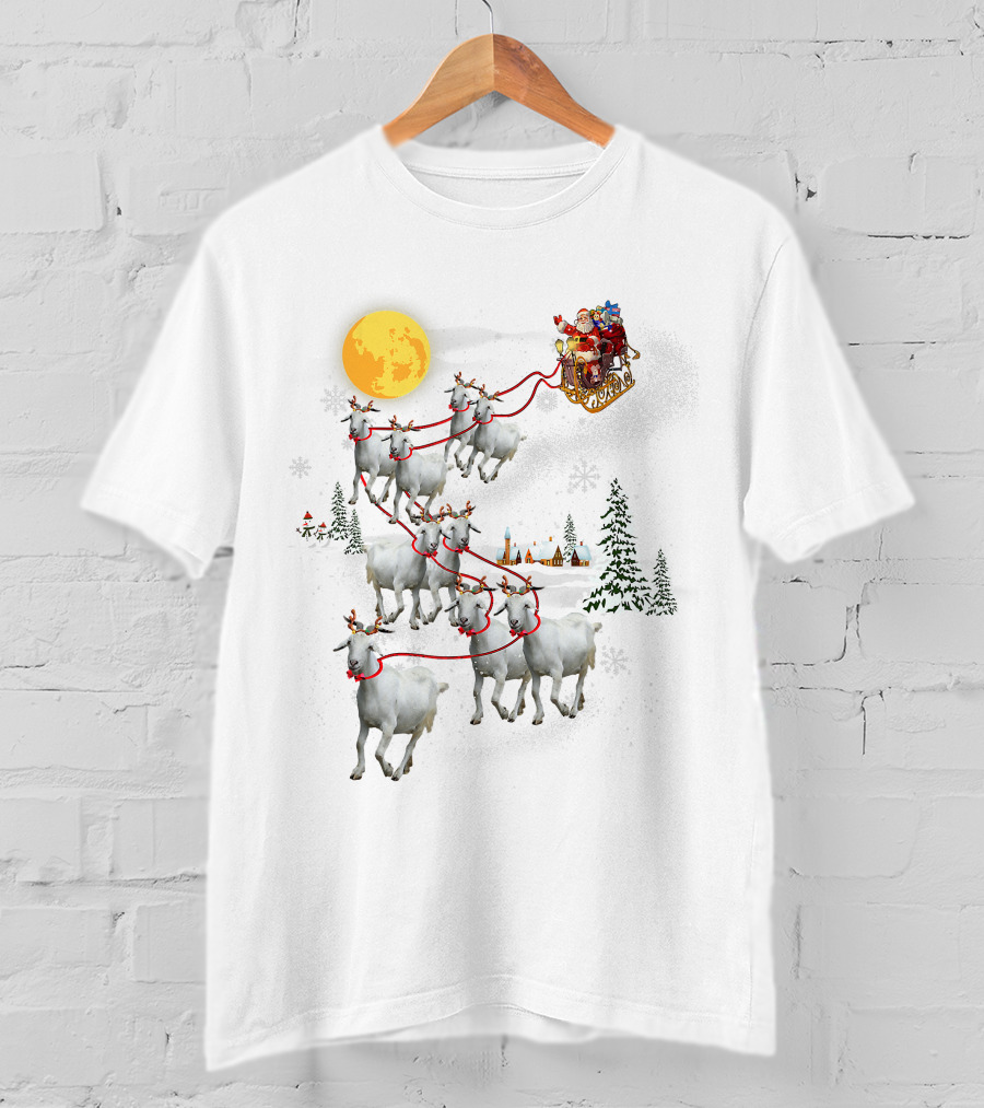 Funny Santa Riding Goat Ugly Christmas Pet Lover Sleigh With Goats And Moon T-Shirt