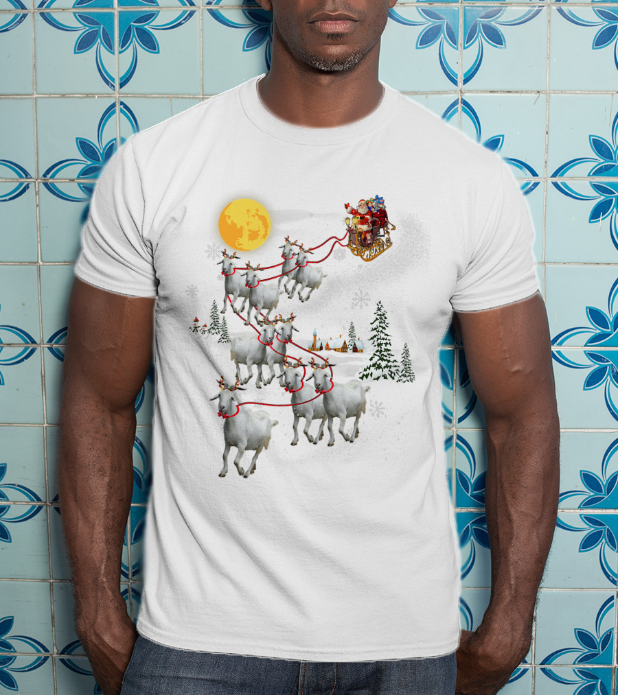Funny Santa Riding Goat Ugly Christmas Pet Lover Sleigh With Goats And Moon T-Shirt