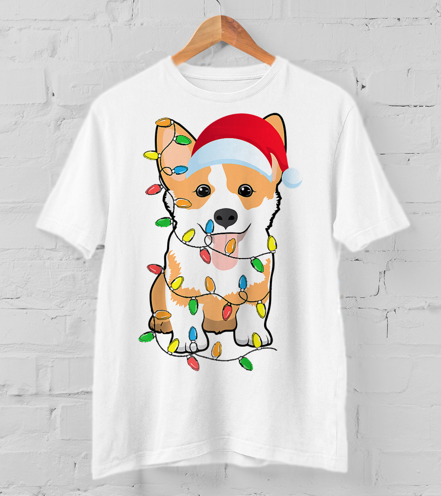 Christmas Corgi Funny Santa Hat Xmas Lights Raglan Baseball T-Shirt