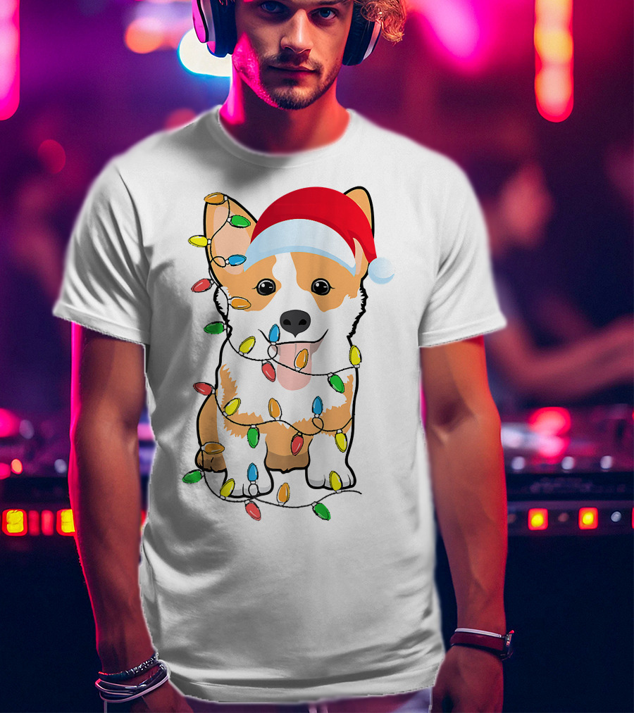 Christmas Corgi Funny Santa Hat Xmas Lights Raglan Baseball T-Shirt