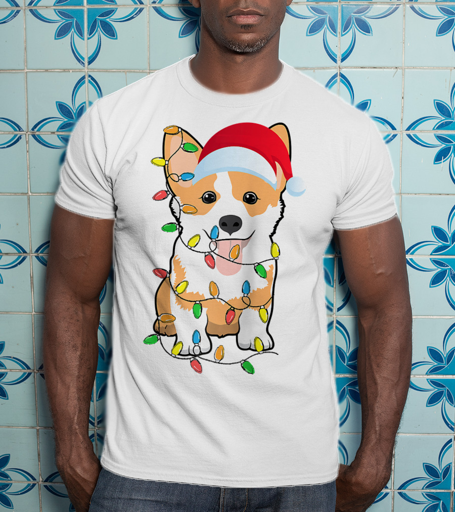 Christmas Corgi Funny Santa Hat Xmas Lights Raglan Baseball T-Shirt