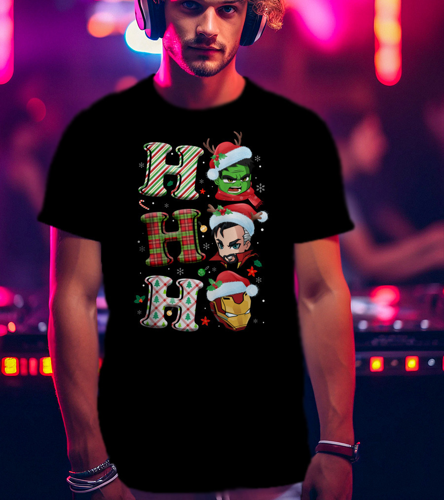 Ho Ho Ho Christmas Heroes Hulk Santa Hulk Ironman T-Shirt