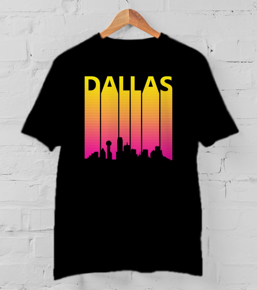 Dallas 1980s Retro Skyline Silhouette In Neon Gradient T-Shirt