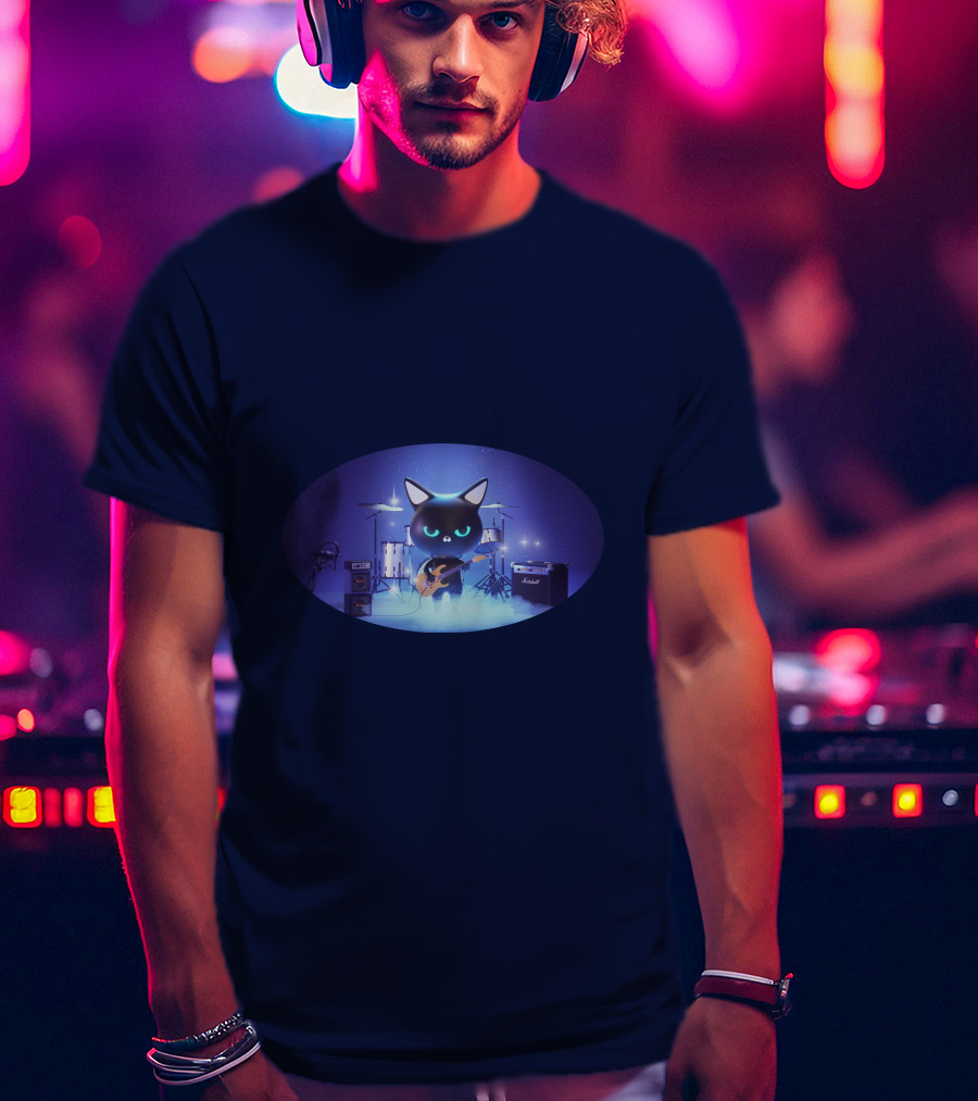 Cat Playing Guitar On Stage With Drums And Amps T-Shirt