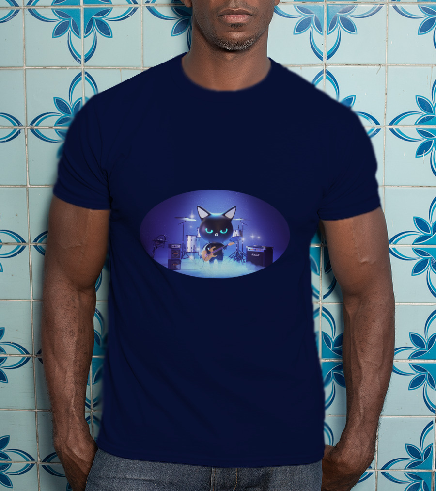 Cat Playing Guitar On Stage With Drums And Amps T-Shirt