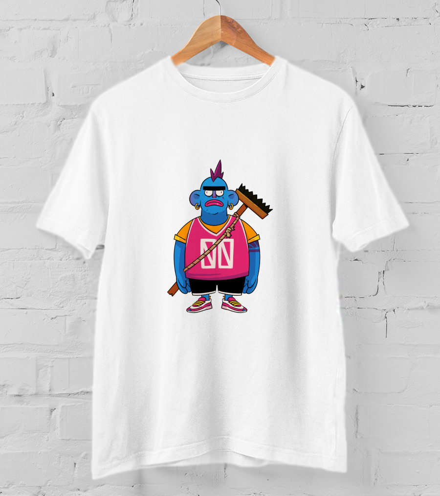 DA CREW Blue Cartoon Character With Broom And Purple Mohawk T-Shirt