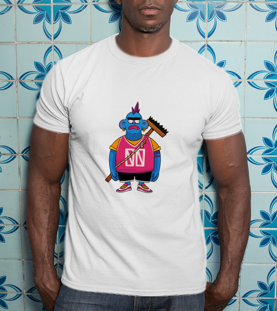 DA CREW Blue Cartoon Character With Broom And Purple Mohawk T-Shirt