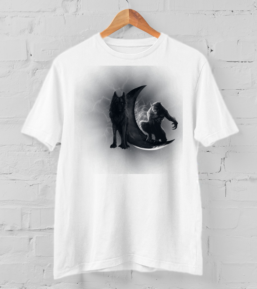 300219 Wolf And Werewolf On Crescent Moon With Lightning T-Shirt